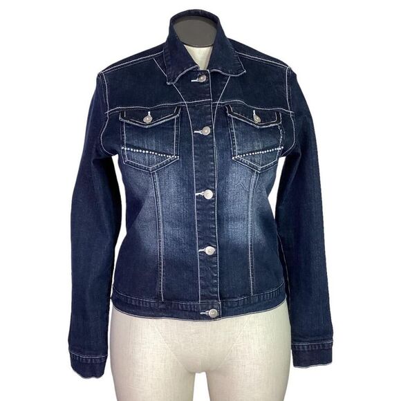 Ethyl Vintage Denim Jacket Womens L Blue Stretch Flap Pockets Rhinestones Dark - Picture 1 of 8